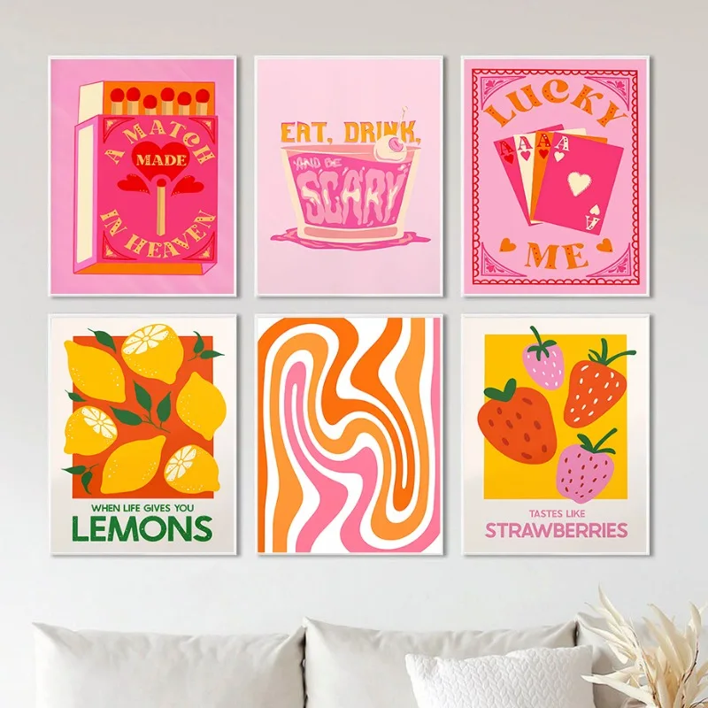 Pink Orange Colourful Canvas Painting Strawberry Lemon Decorative Poster Modern Avant-Garde Girls Bedroom Decorative Wall Art