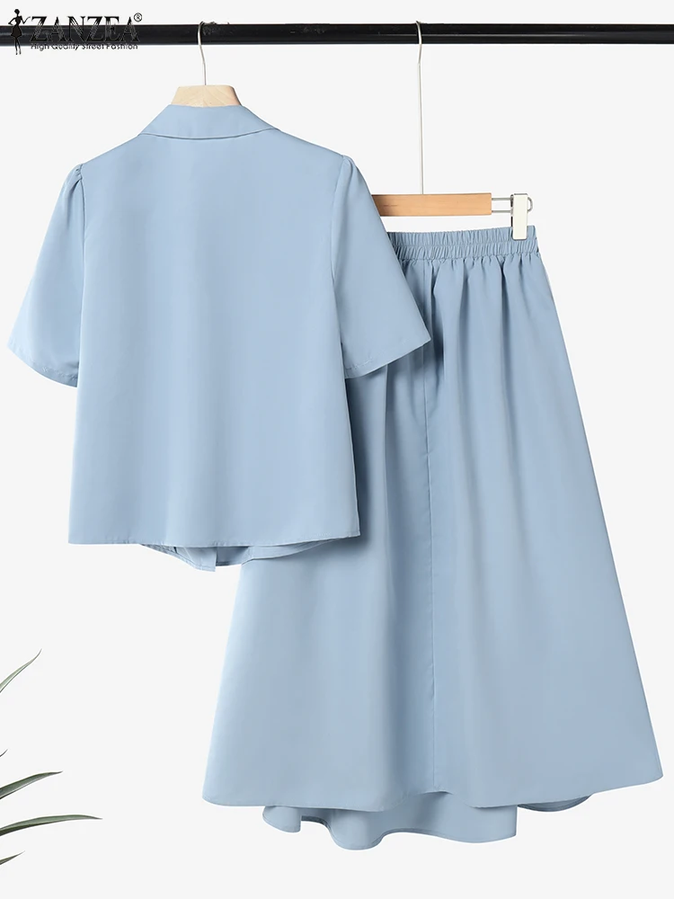 ZANZEA Elegante OL Set di abiti da donna Estate Abiti a due pezzi 2025 Camicie a maniche corte Gonna lunga a pieghe A-line Casual Solid 2 pezzi