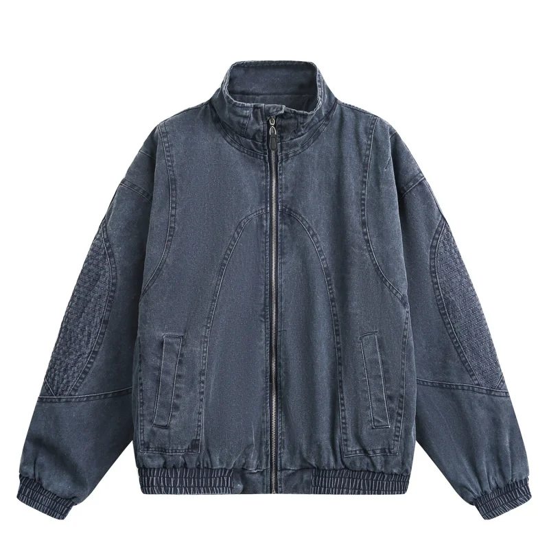 

WESTSHAN Европейский размер США в стиле ретро, деконструированная лоскутная рабочая одежда, куртка унисекс, свободная джинсовая куртка большого размера с воротником-стойкой