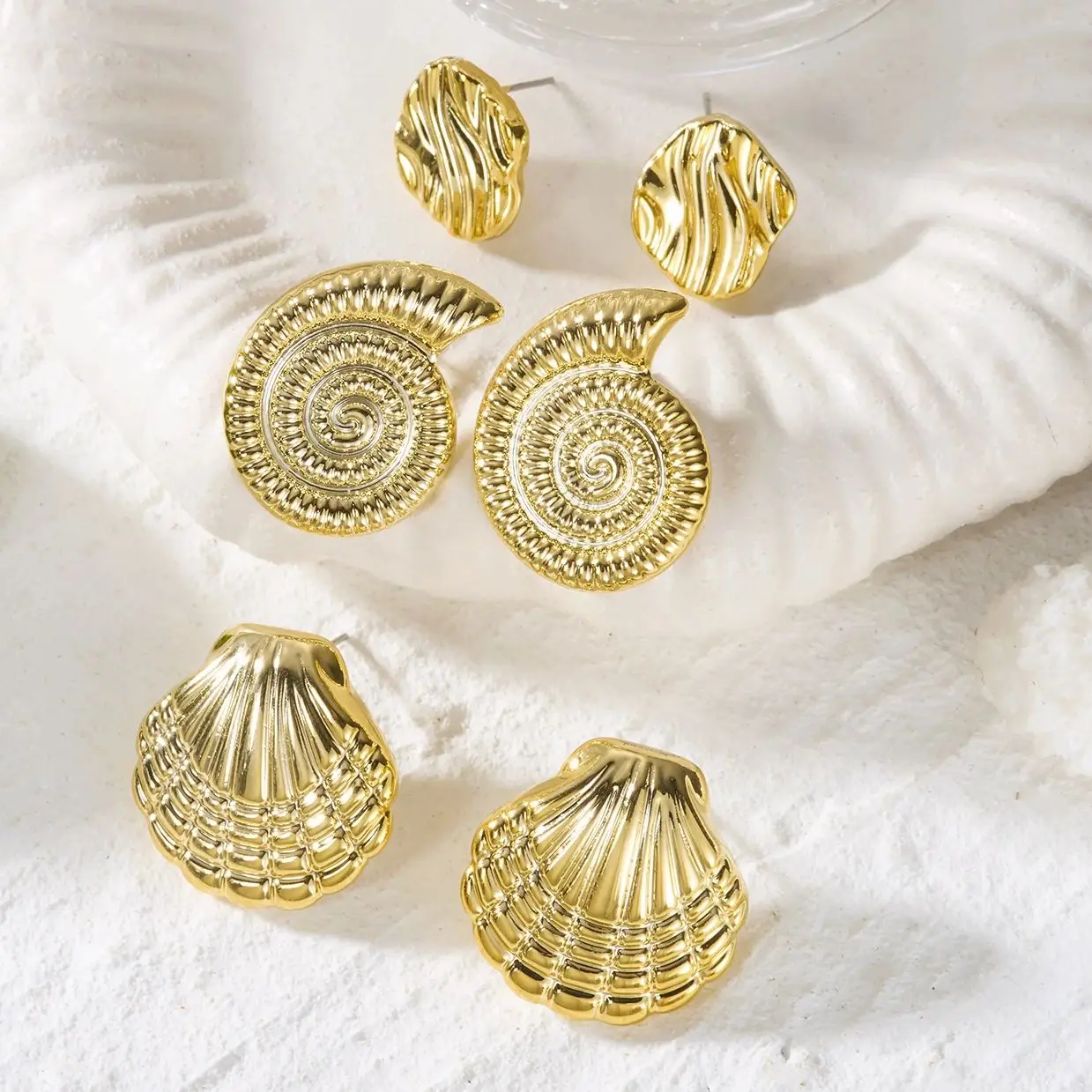 3 Pairs Gold Starfish Shell Stud Earrings for Women