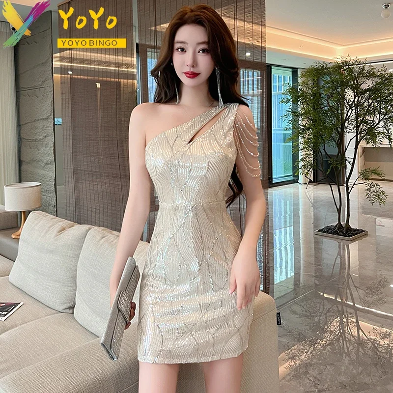 Elegant Luxury Slant Shoulder Hollow Sequin Sleeveless tassel Short Dress Fashion Temperament Slim Party Sexy Nightclub Dress