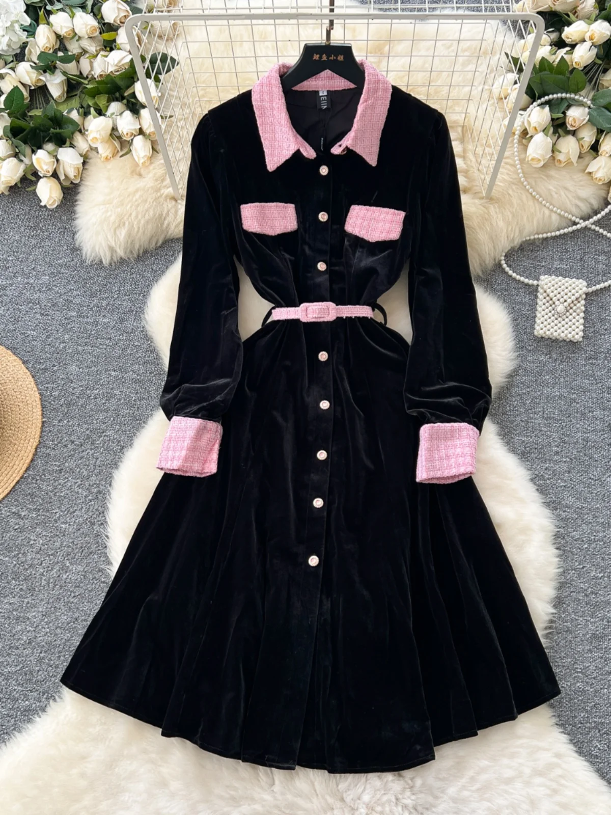 

Gagaok French Style Dresses Women Autumn 2024 Vintage Clothes Contrasting Color Lapel Slim High Waist Velvet Vestidos De Mujer