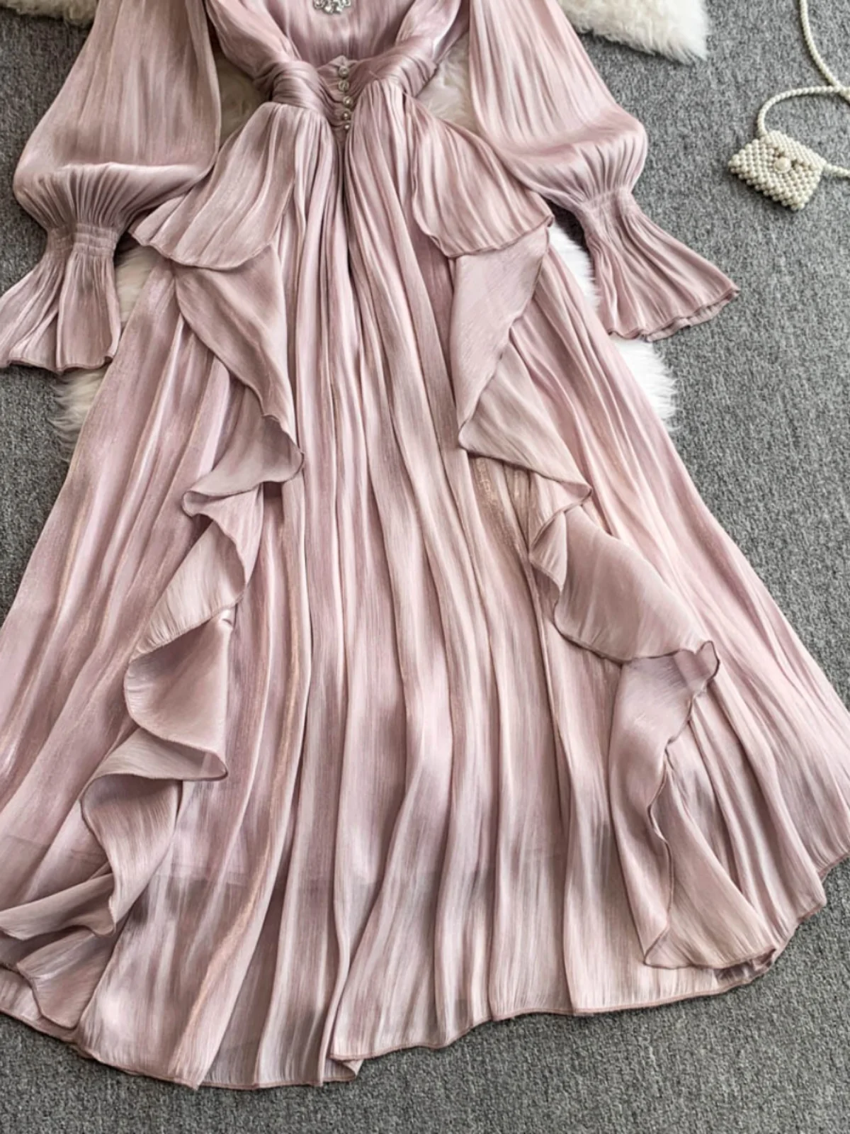 

Ele V-Ne Draped Sve Midi Dr Korean Sle High Waist Diamond Embellied A-Line Skirt Long Dr for Commuting