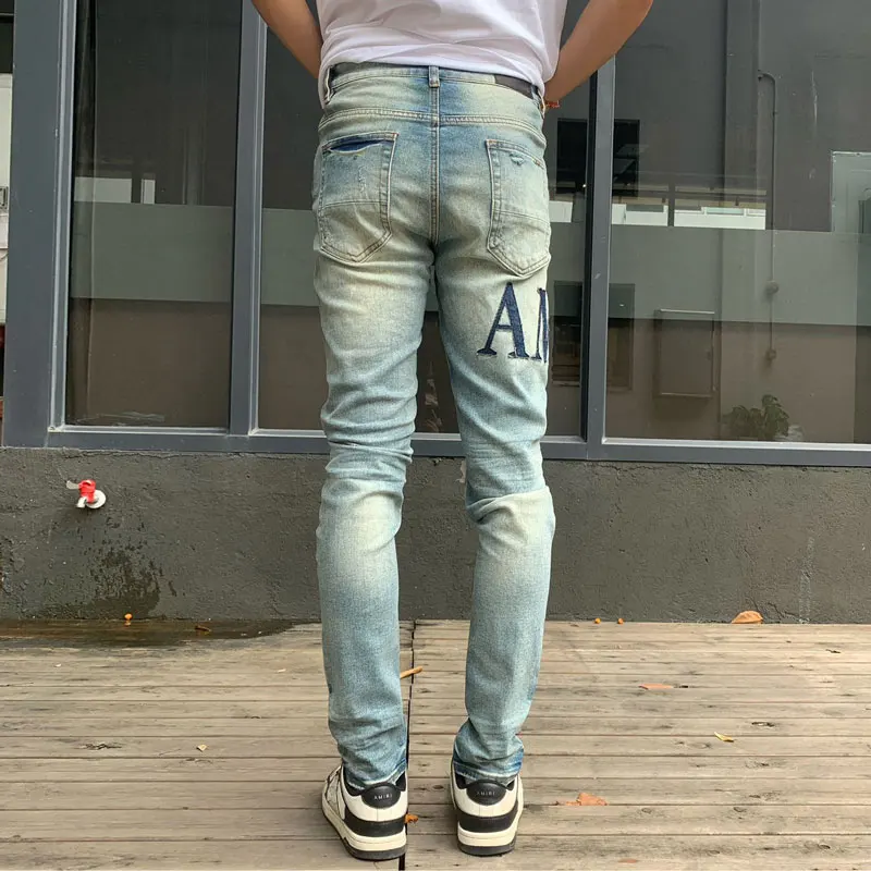 High Street Fashion Men's High Quality Jeans Vintage Wash Blue Elastic Tight Spliced Split Jeans Black Patch Designer Hip Hop Br
