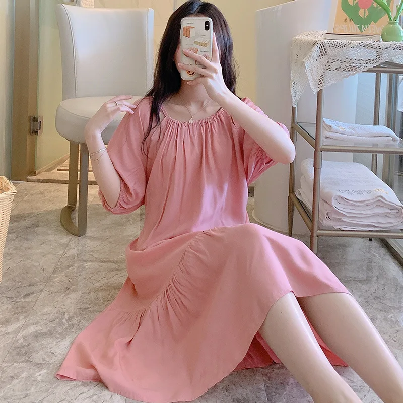Round Neck Pajamas Home Clothes Thin Cotton Silk Nightgown Solid Color Sleepwear Short Sleeve One-piece Dress Women's Clothing