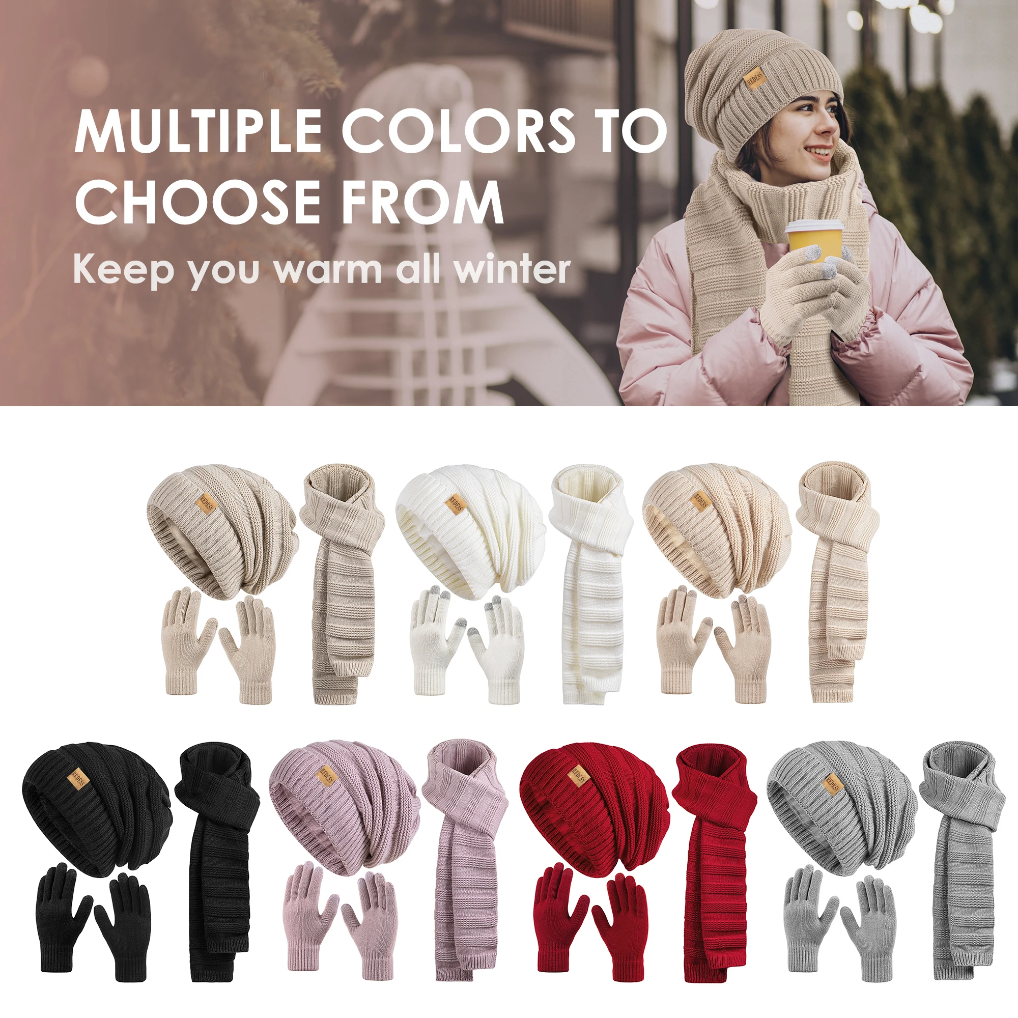 Winter Hat Beanie Scarf Touchscreen Gloves Set for Women, 3 in 1 Set with Knit Warm Long Neck Scarves Cap Gloves