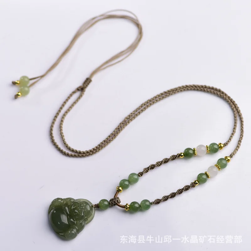 Natural Hetian Jade Laughing Buddha Pendant Chinese Traditional Good Luck Wealth Blessing Adjustable Braided Necklace Unisex Amu view 5
