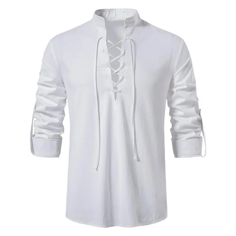 Spring Men Shirt Lace-up Strap Stand Collar Solid Color Long Sleeves Retro Casual Beach Style Pullover Mid Length Male Daily Top
