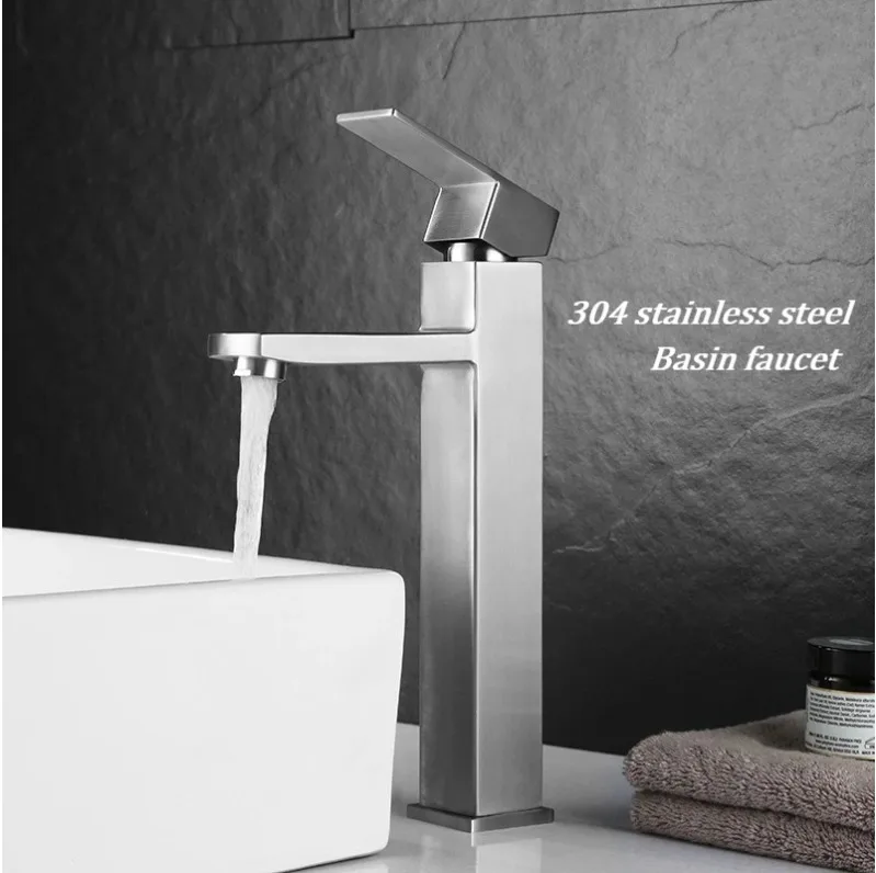 304 stainless steel heightened square basin faucet, bathroom counter basin hot and cold faucet
