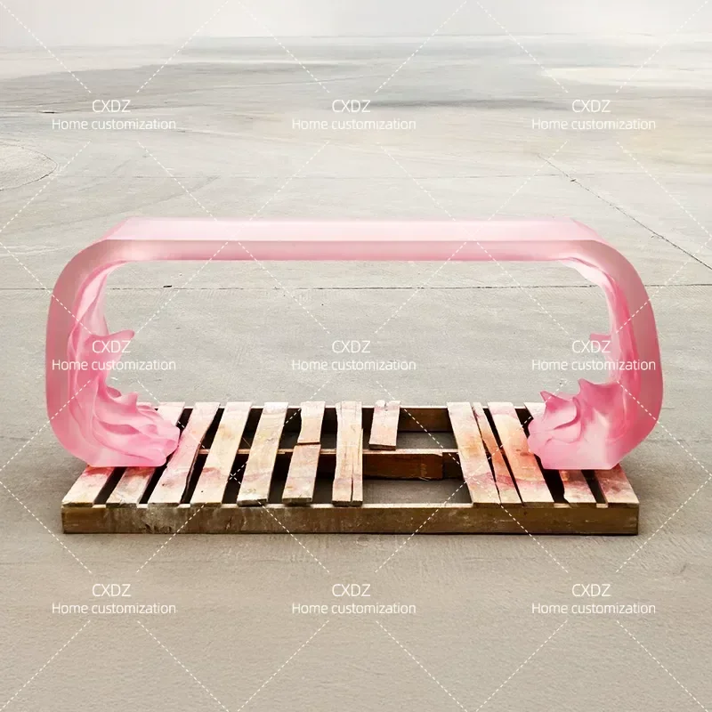 J673 Creative Wave Pink Transparent Resin Coffee Table Customized for Living Room Reception Hotel Bar Shopping Mall Tea Table