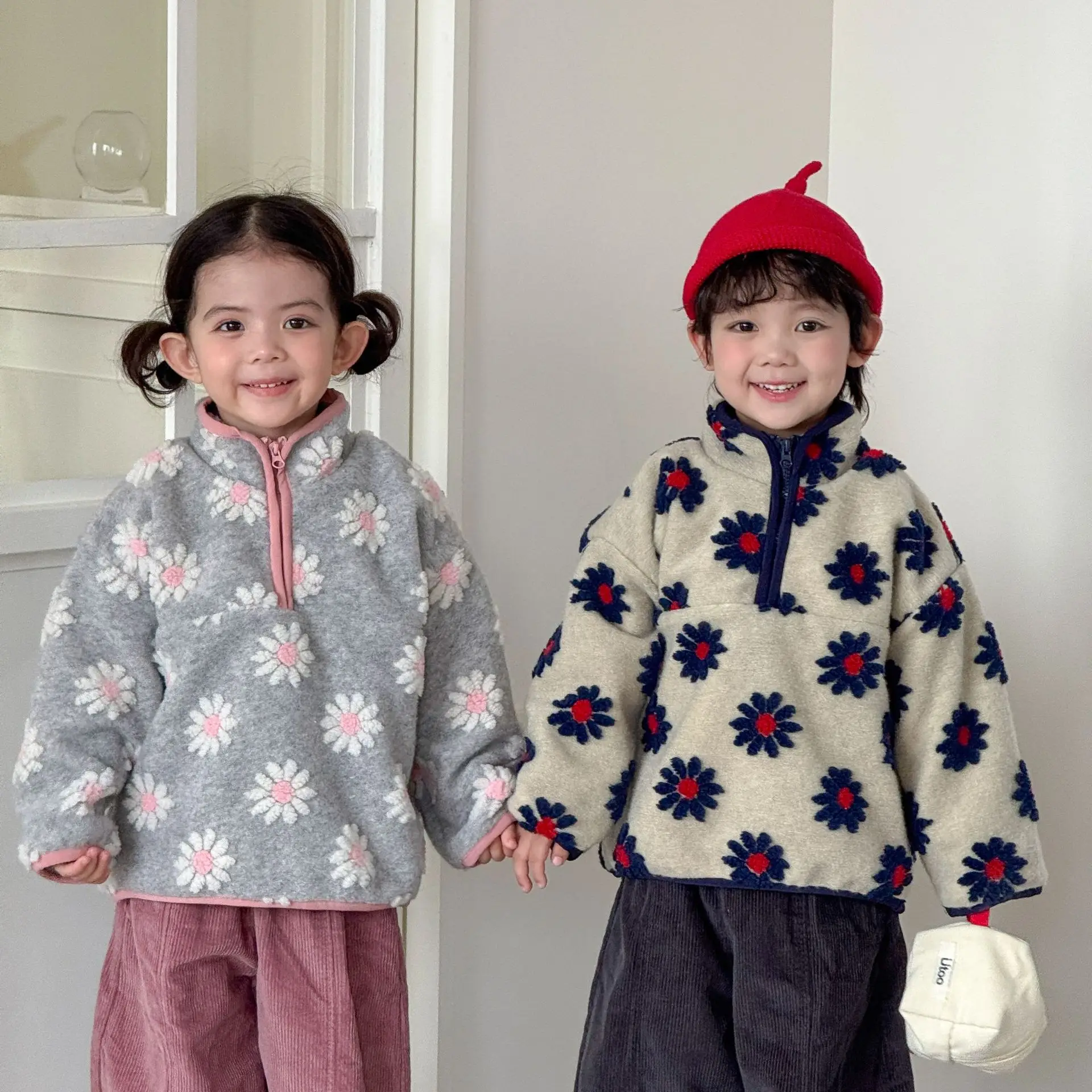 2026 Winter New Children Long Sleeve Warm Coat Girls Loose Flower Sweatshirt Plus Velvet Thick Boys Fleece Tops Kids Clothes