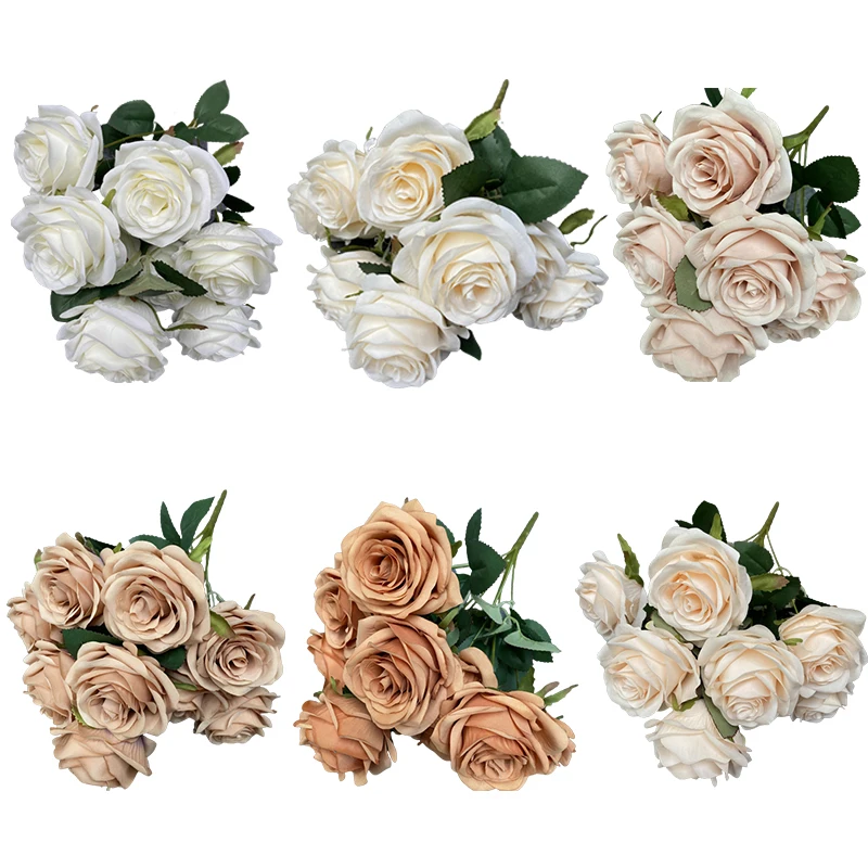 9 Heads Camellia Rose Artificial Flower Holding Bouquets Wedding Party Scene Display Room Home Decor Fake Floral Gifts 1 Bunch