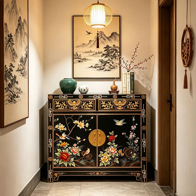 yjq Chinese retro shoe cabinet  solid wood classical entrance cabinet household multi-functional storage dining side cabinet