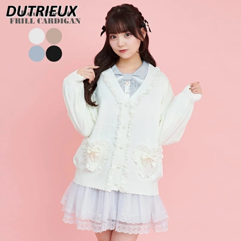 

Spring New Japanese Sweet Knited Cardigan Solid Color Love Heart Bow Tie Lace Stitching V-Neck Single-Breasted Sweater Coat