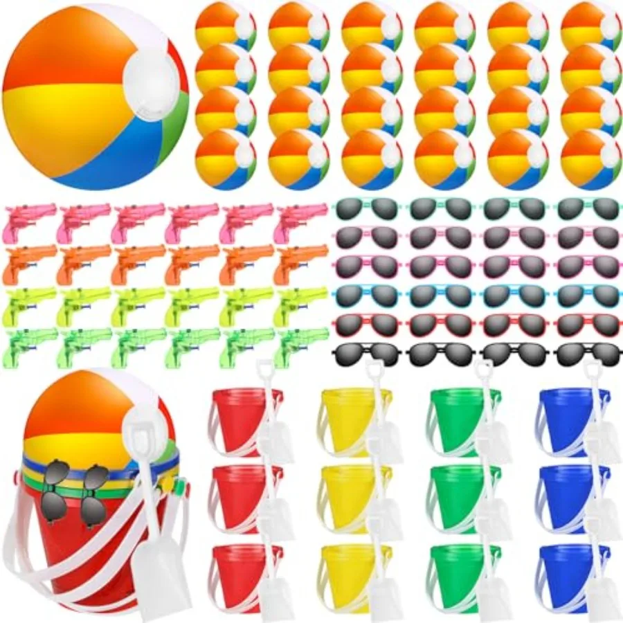 

Pool Beach Party Favors for Students: 120 Pcs Bulk Set with Beach Balls, Sand Buckets, Shovels, Sunglasses, Water Guns Plastic,