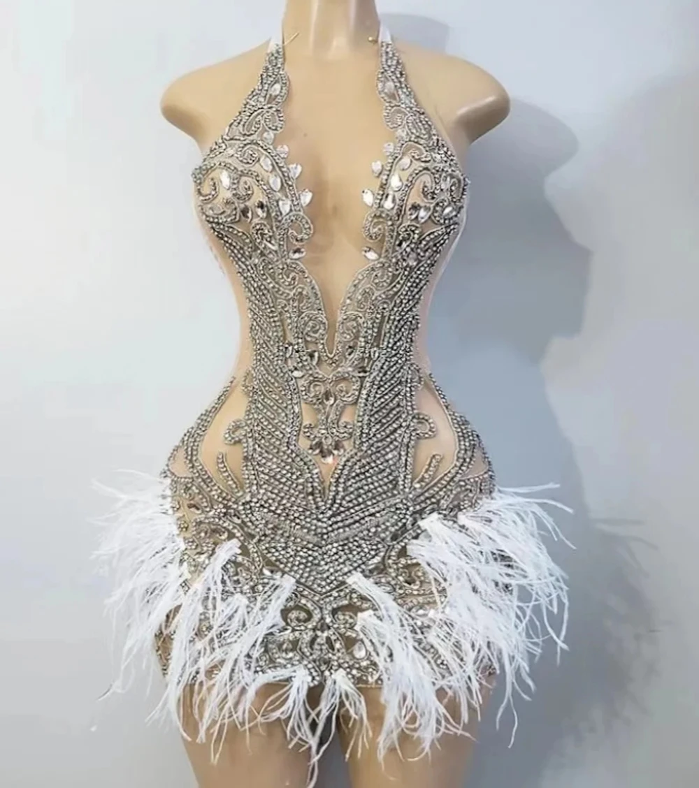 Vestidos curtos de baile com cabeçada prateada, plumas e diamantes, mini vestidos africanos para meninas negras, festa de aniversário e baile