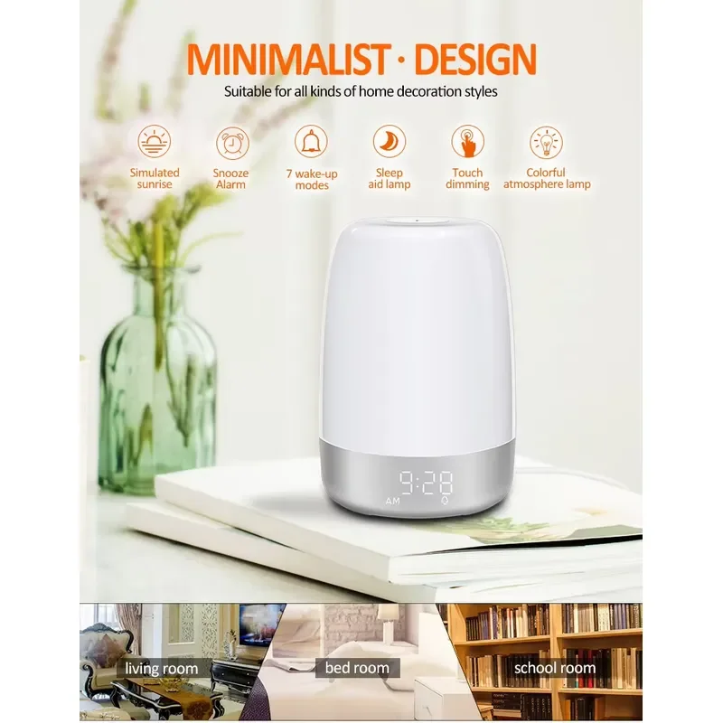 Digital Sunrise Alarm Clock with White Noise Sound Machine and Dimmable Night Light for Bedroom Sleep Aid Wake Up Lamp Smart