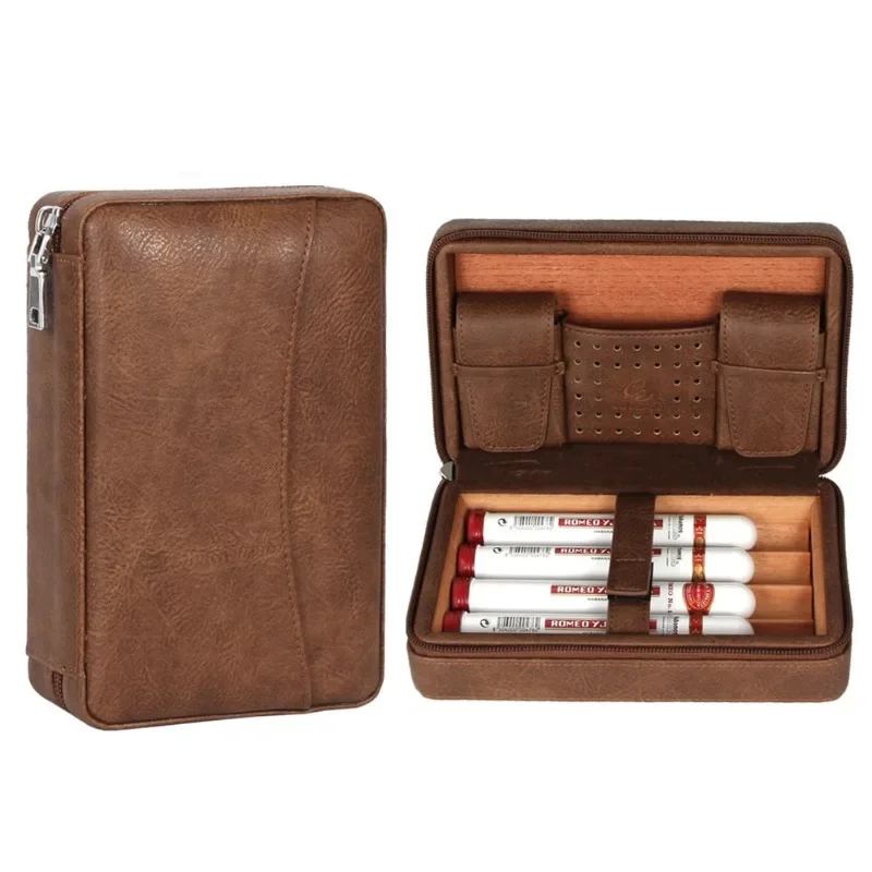 Leather Cigar Case Travel Humidor Cedar Wood 4 Tube Holder Cigar Box Portable Accessories Cigar Humidor Box