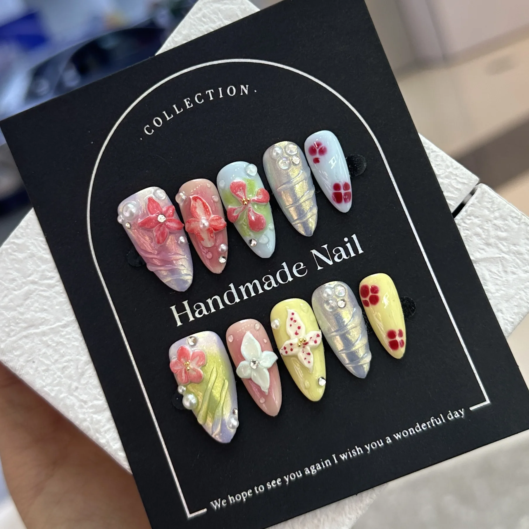 

10 шт., миндалевидный пресс ручной работы на ногтях, 3D резные цветы, милые крутые накладные ногти, многоразовые носимые y2k Spice Girls, накладные ногти