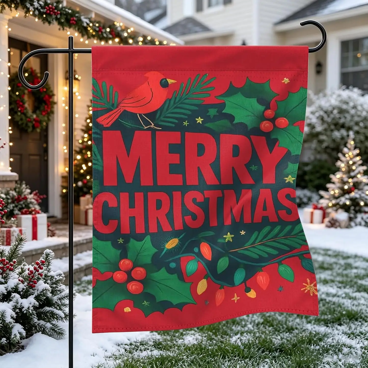Merry Christmas Garden Flag 12×18 Inch Red Cardinal Holly Lights Yard Flag yyi
