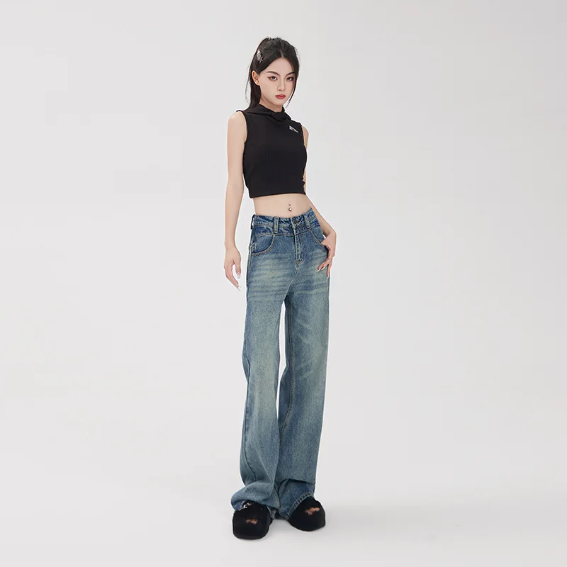 Denim Straight High Waist Streetwear Jeans Vintage Slight Blue Jeans Punk Baggy Long Pants Y2k Work Summer Blue Jeans Capris