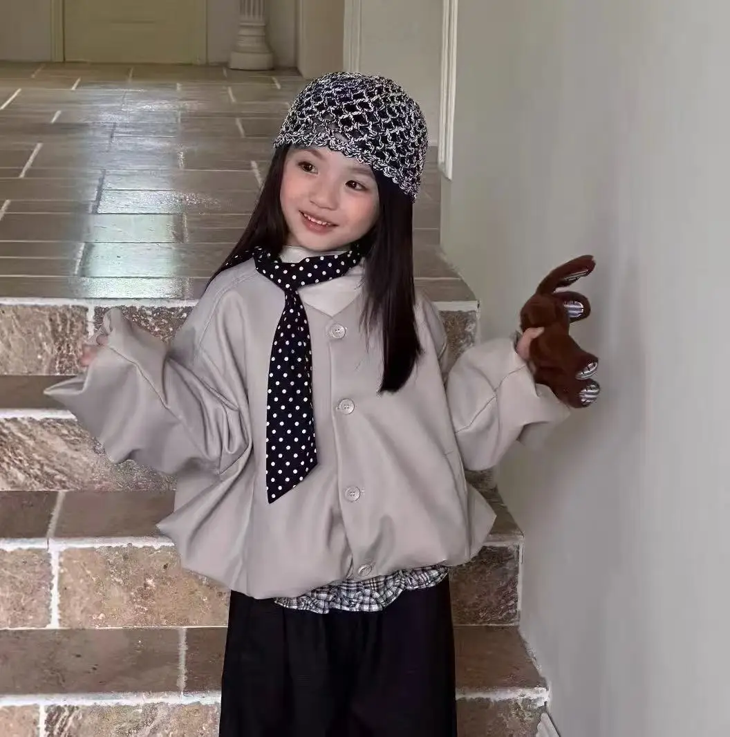 

Girls' Leather Jacket with Tie Simple and Lightweight Leather Jacket Top 2025 Autumn and Winter Clothing New Style Kids Cardigan