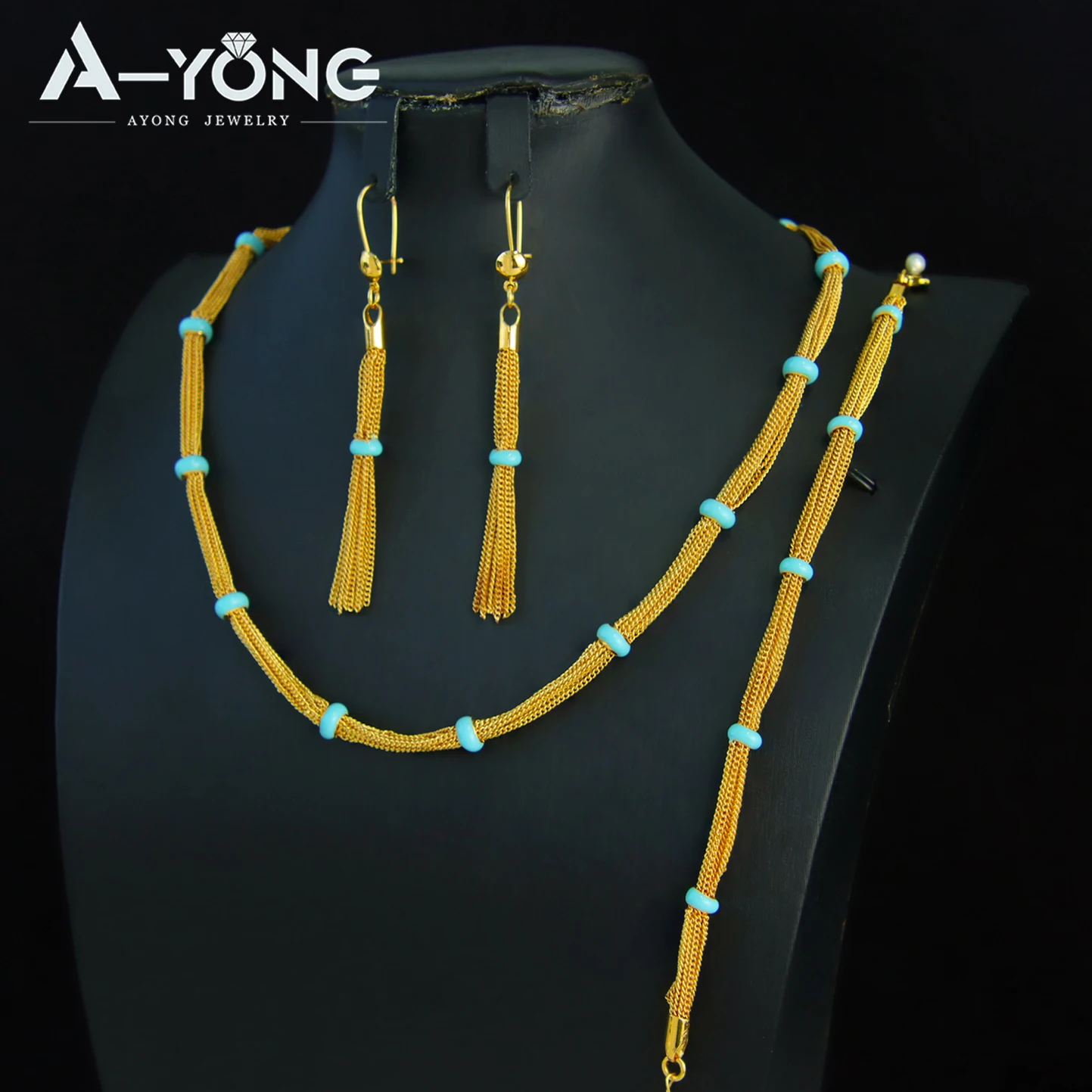 Nigerianisches Brautschmuck-Set, 21k vergoldet, arabisches Perlen-Collier, Armband, Ohrringe, Vintage-Schmuck für Frauen aus dem Nahen Osten – Detail 1
