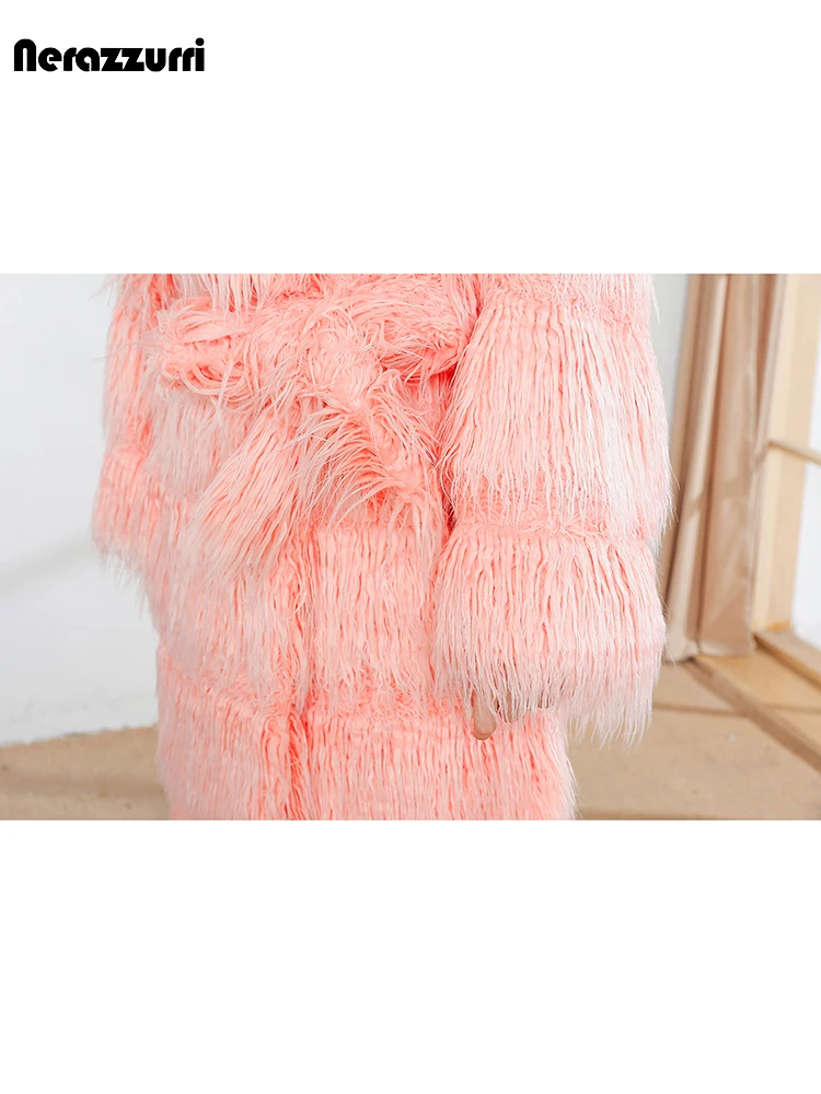 Nerazzurri Winter Extra Long Striped Pink Warm Faux Mongolia Sheep Fur Coat Women Sashes Luxury Chic Maxi Fluffy Overcoat 2023