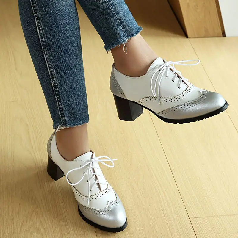 

SIMLOVEYO Women's British Female Pumps Round Toe 5.5cm Block Heels Mixed Color Lace-Up Casual Soft Daily Female Plus Sizes 43-45