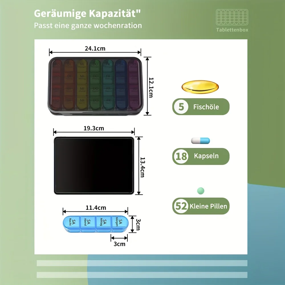 (German printing)Weekly Pill Organizer 4 Times a Day, Daily Pill Box 7 Day, Large Travel Pill Case with 28 Compartment