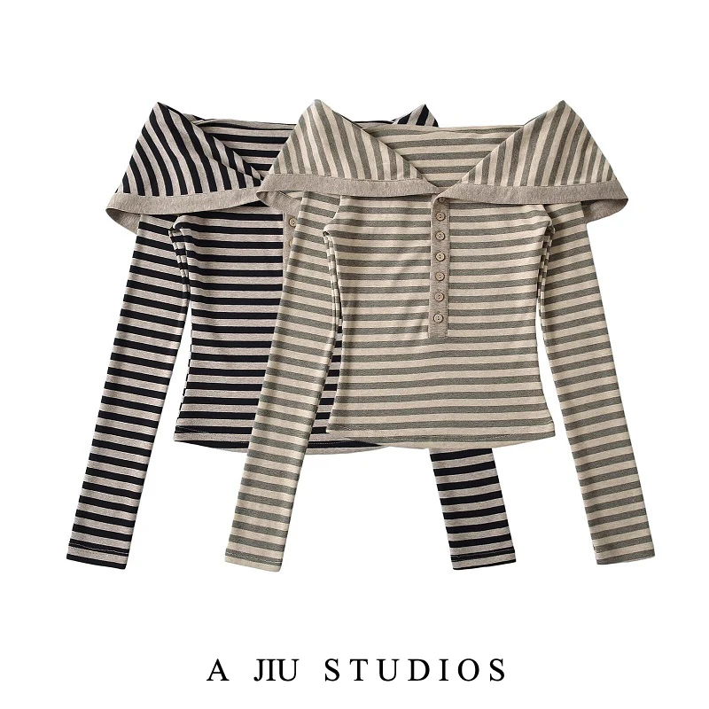 

Slim Fit Striped Long Sve T-irt One oulder Large Collar Button up Sexy Street Sle Casual Top for Women