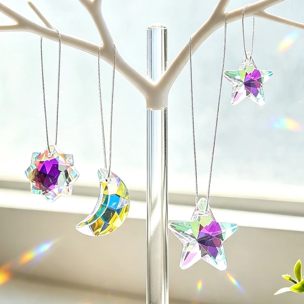 E9 12Pcs 20mm AB Aurora Crystal Beads Star Moon Snowflake Glass Beads Suncatcher Wind Chimes Lamp Pendant Charms Jewelry Making