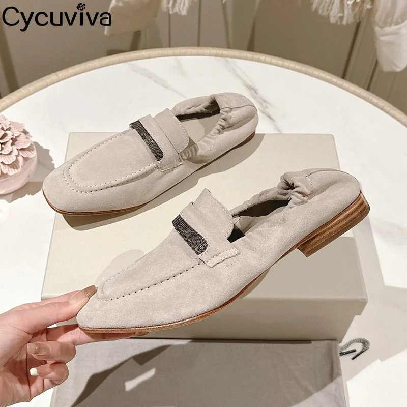 Mocasines planos plisados de ante para mujer, zapatos de cuero de estilo británico con cuentas, informales, para vacaciones, caminar y playa, novedad de 2024