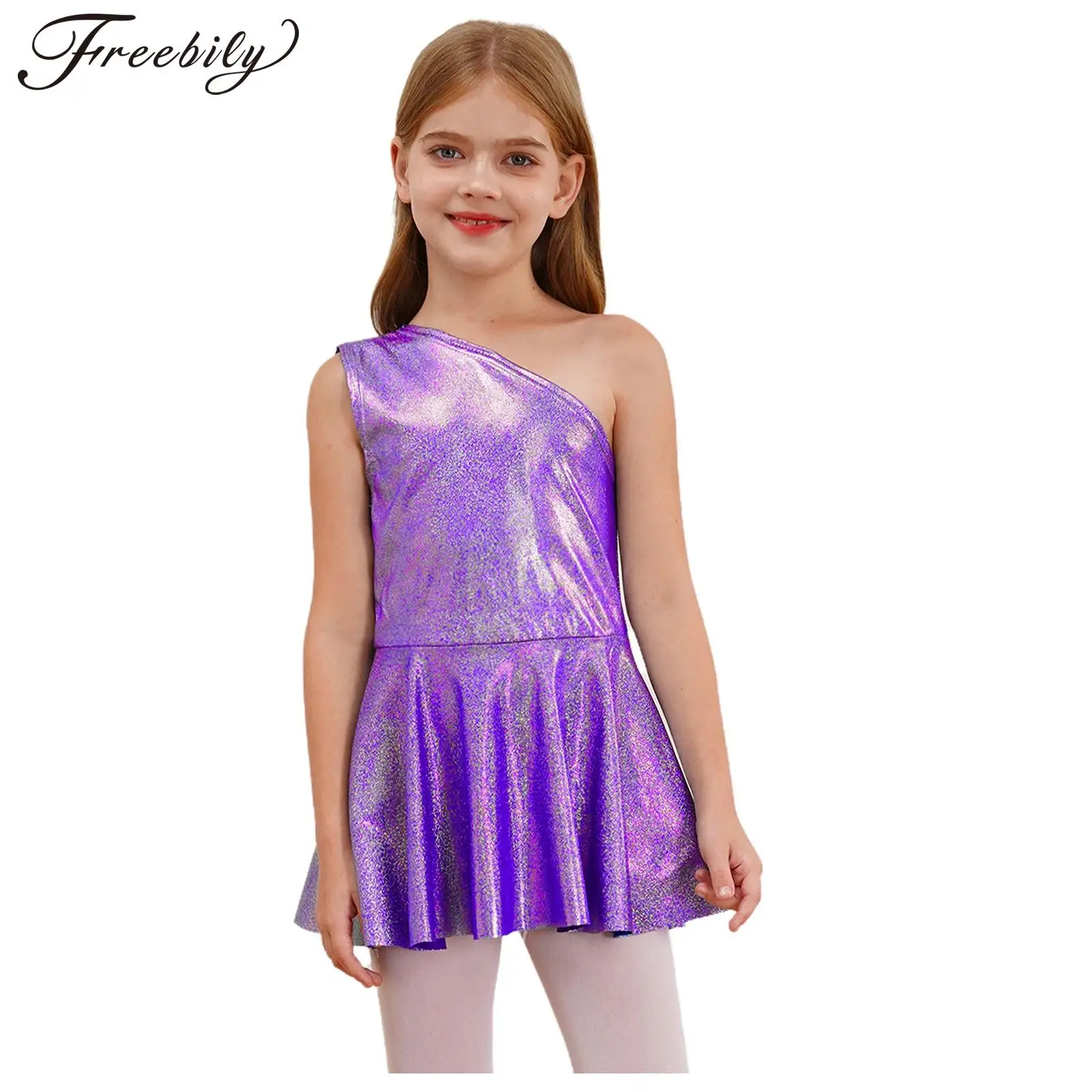 Kids Girls Jazz Dance Cheerleading Performance Costume One Shoulder Sleeveless Metallic Shiny Dress School Party Show Dancewear