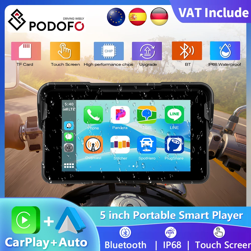 Podofo 5 ''Moto Portable sans fil CarPlay Android Auto pour moto lecteur intelligent GPS IP68 étanche EQ BT 5.0 Autoradio