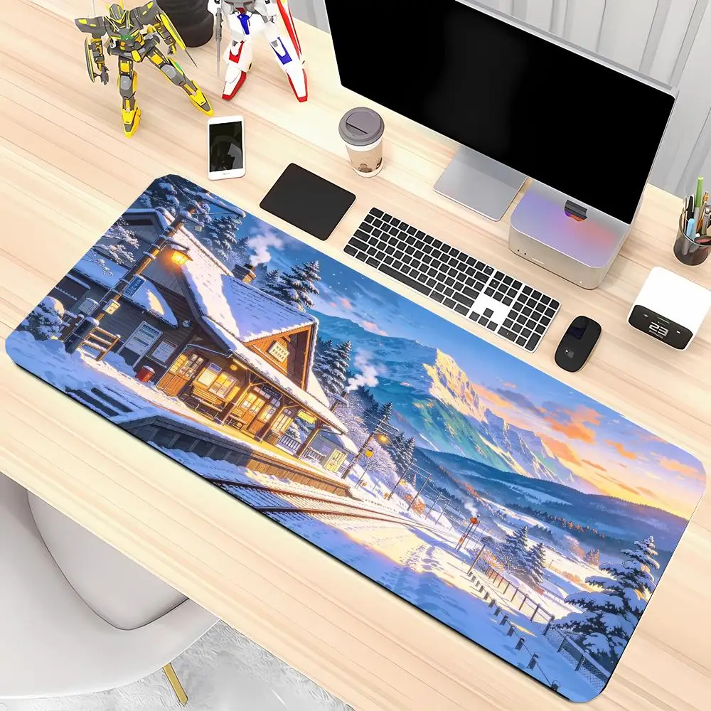 Snowy Hot Spring Town Play Mat Smooth Cloth Thick Rubber Precision Tracking For Bedroom Study Decor