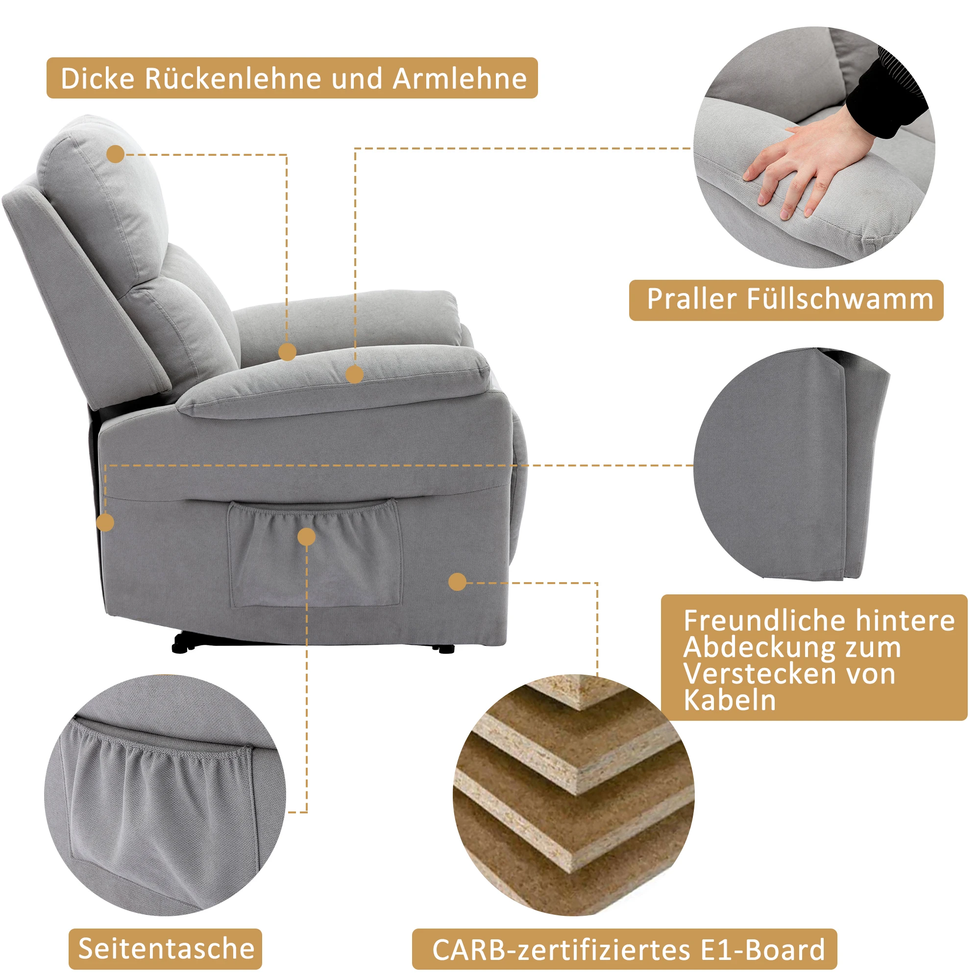 VSOGA Relax armchair with reclining function, fabric, footrest, side bag, XL