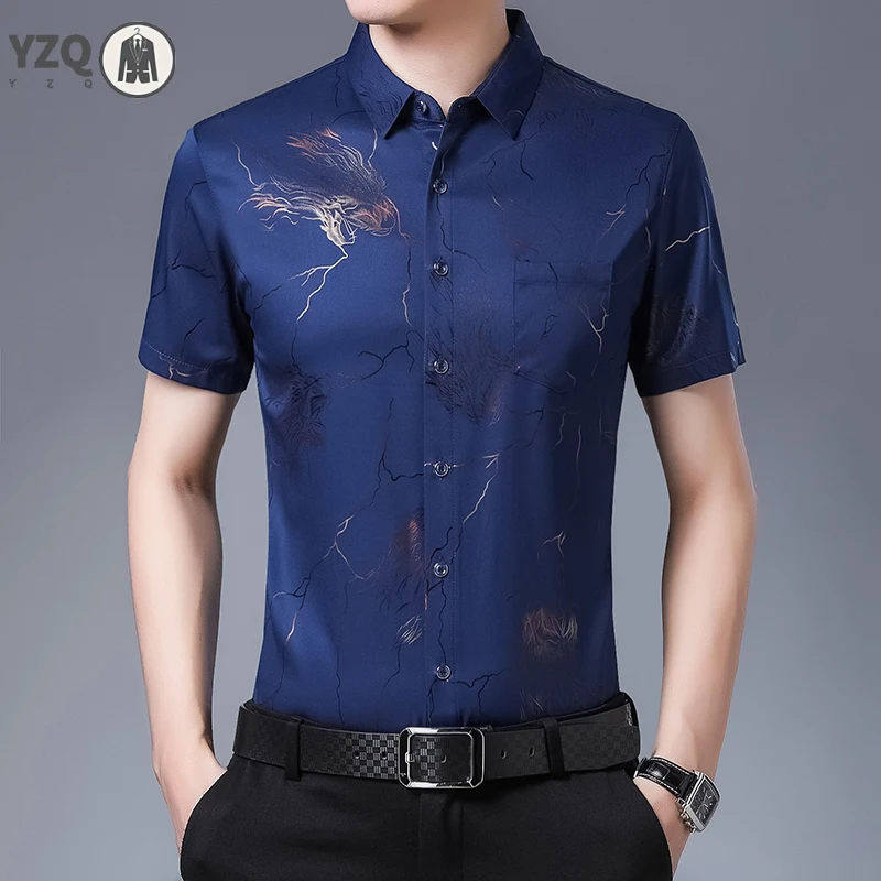 New Men's Casual Printed Short Sleeved Lapel Shirt for Summer Fashion Comfort No Ironing Wrinkle Resistant Top