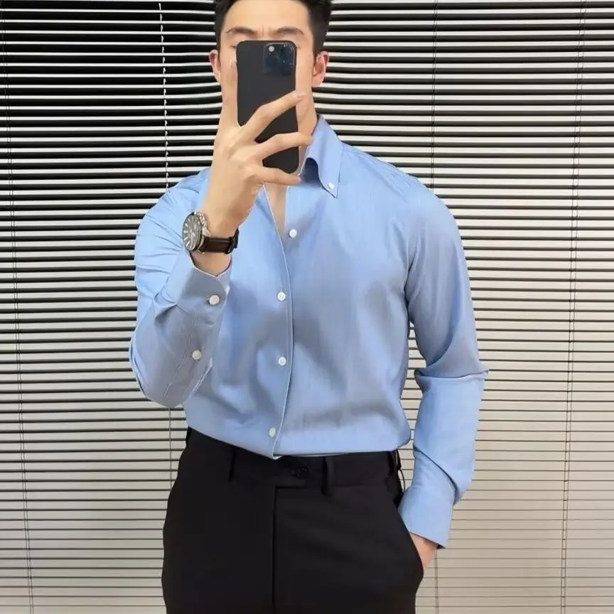 

New Arrival Italian Neapolitan Long Sve irt One-Piece Collar Anti-Wrinkle Slim Fit Ele Sle for All Seasons