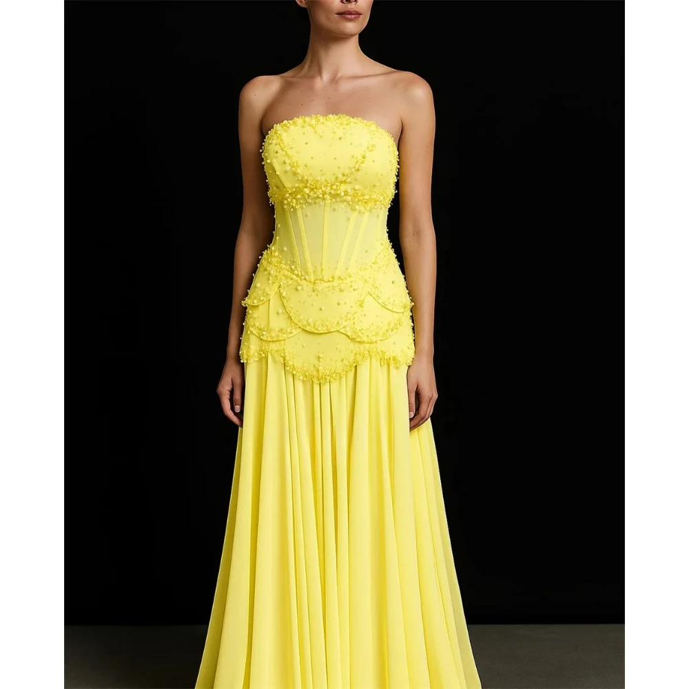 

Fashion Beadings Prom Dress A Line Strapless Pleated Chiffon Yellow Party Gowns Long Sexy Backless Evening Dress Customized
