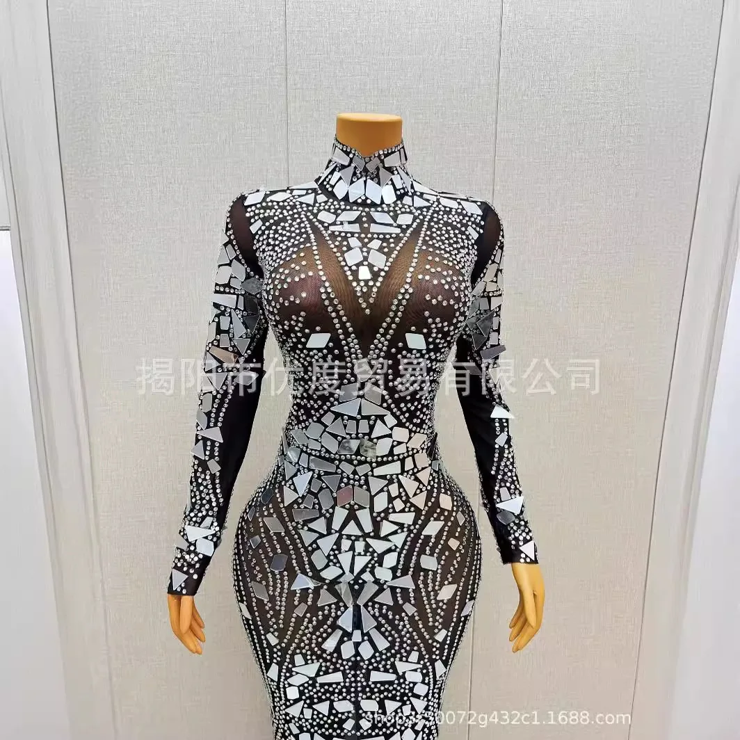 Black Mesh Lenses Shiny Rhinestone Dress Cocktail Birthday Party Night Performance Dress Long Dress Thorns robe de soirée femmes