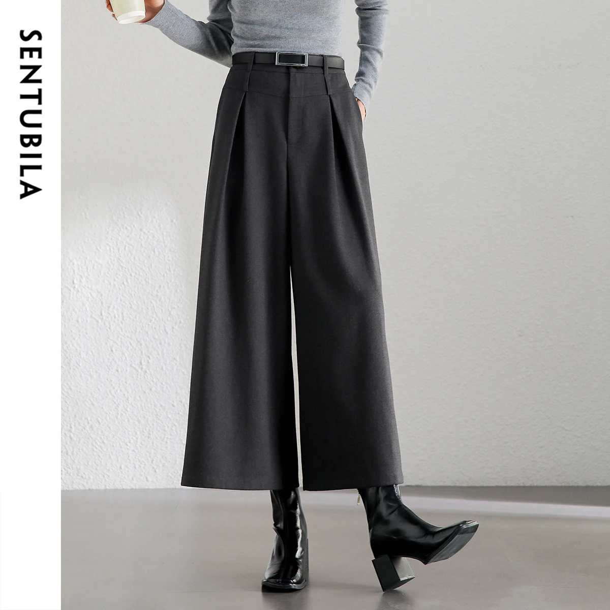 SENTUBILA Wide-leg Skirt Pants Women Office Lady Work High-waist Folds Pockets Ankle-length Pants 2024 Winter Trouser 144K57392