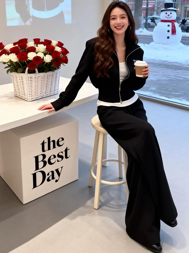 

Cool Casual Sportswear Set Women's High Waist Wide Leg Pants Black Short Jacket Two Piece Set Spring Fashion Sensation
