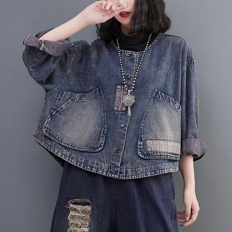 Spring Autumn Arts Style Women Long Sleeve Loose Single Breasted Cotton Denim Jackets Big Pocket Vintage Blue Short Coat C611