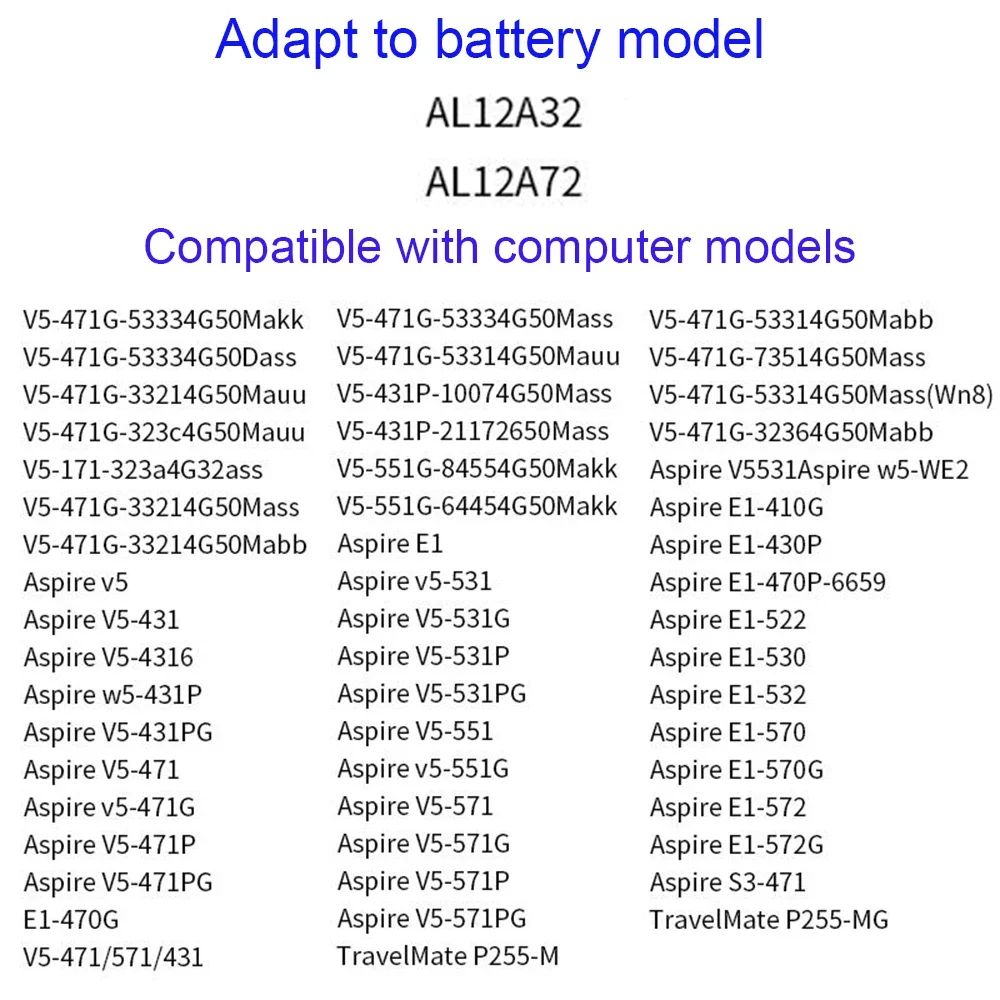 AL12A32 AL12A72 Laptop Battery for Acer Aspire V5 V5-431 V5-471 V5-471P V5-531 V5-571 V5-571P V5-571-6605 E1-522 E1-532 E1-572