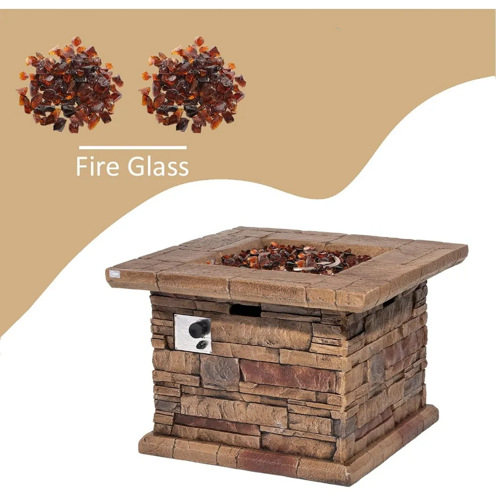 Outdoor Propane Fire Pit Table w Faux Brown Ledgestone 32-inch Square Fire Table, 50,000 BTU Stainless Steel Burner