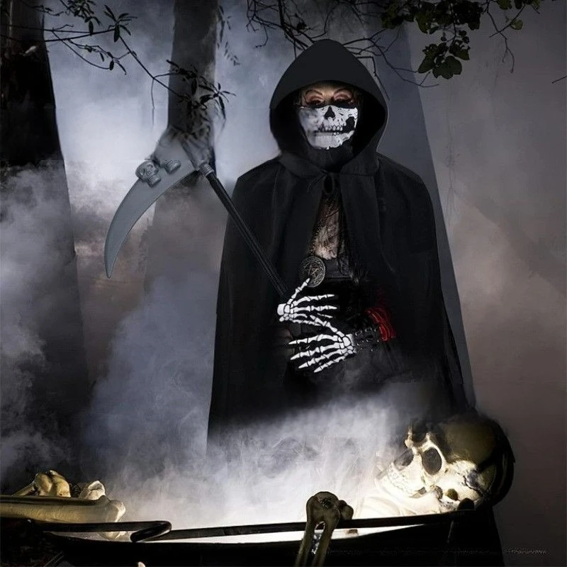 4Pcs Halloween Reaper Cloak Black Cape Skull Mask Gloves Halloween Costume Set Adult Party Role Play Prop