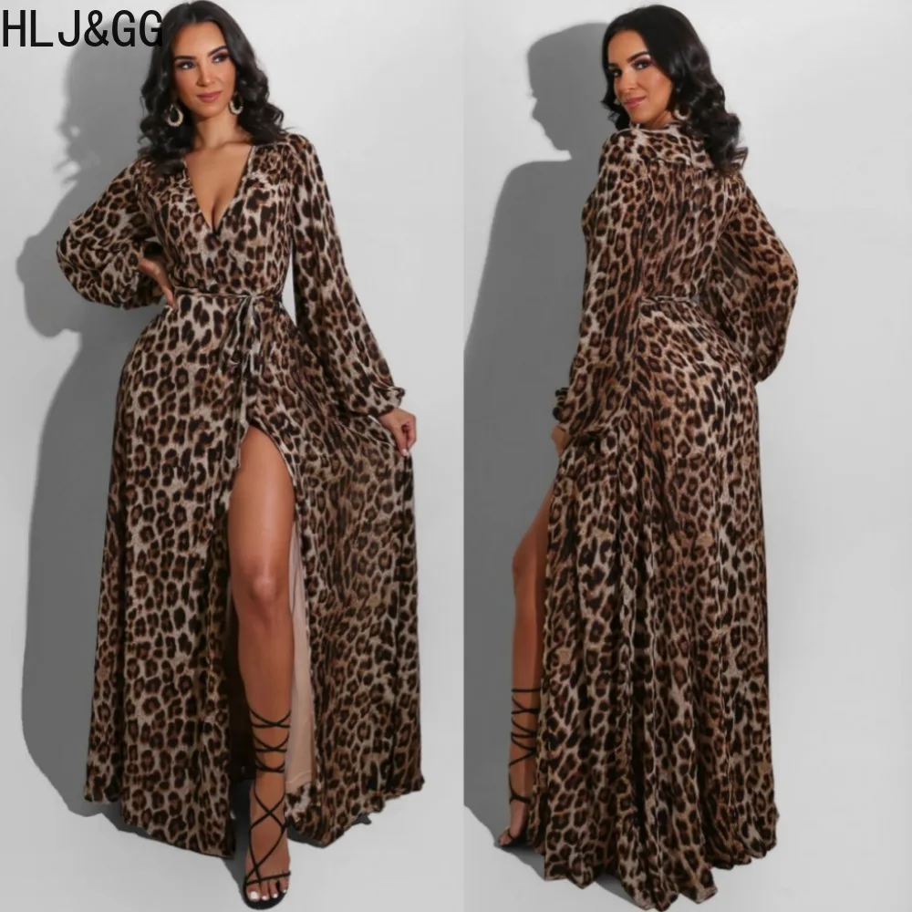 

HLJ&GG Fashion Leopard Printing V Neck Lace Up Slit Dresses Women Long Sleeve Bandage Loose Vestidos Female Party Club Clothing