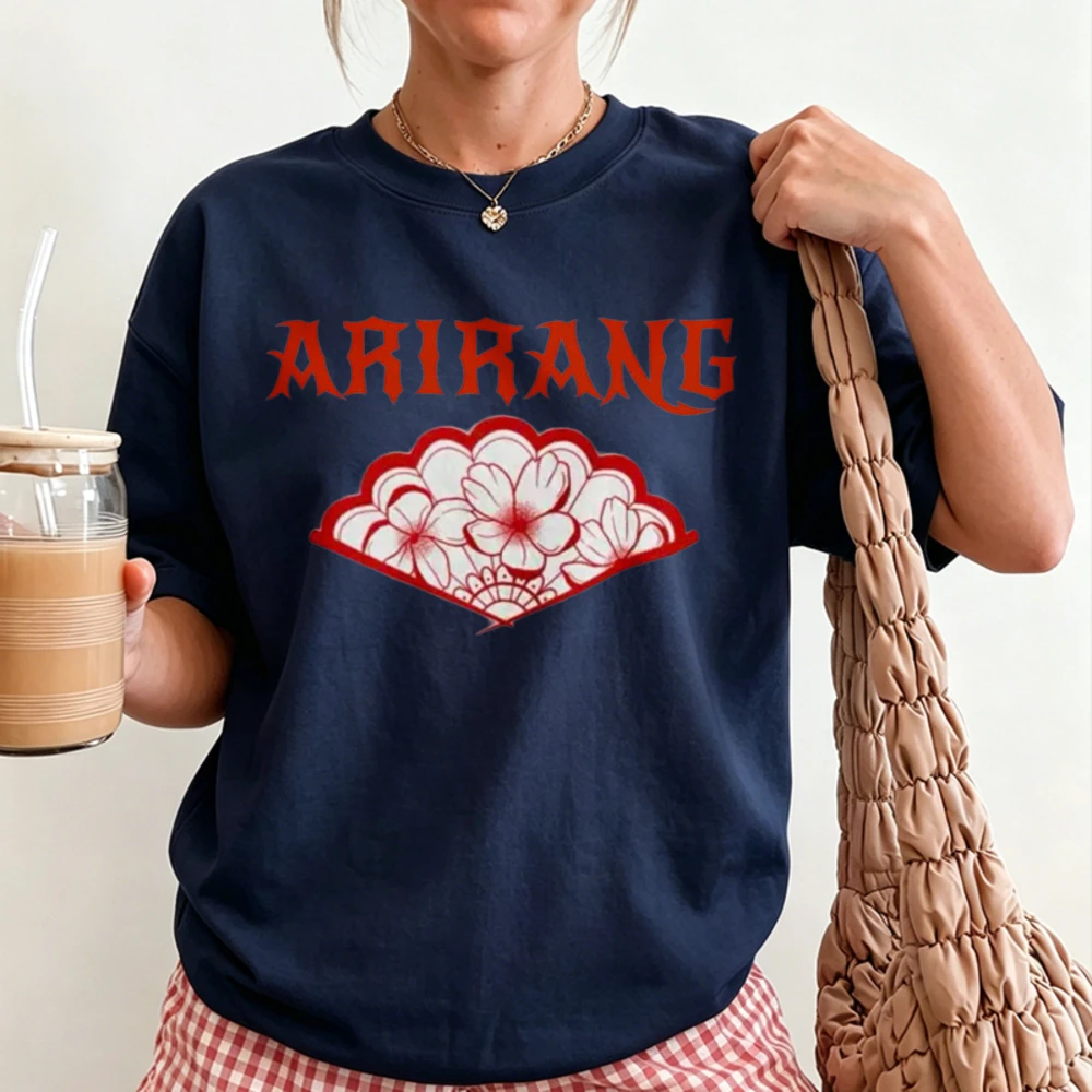 ARIRANG Gothic Font with Cherry Blossom Folding Fan Print Men Women Cotton T Shirt Korean Traditional Folk Culture Casual Tops