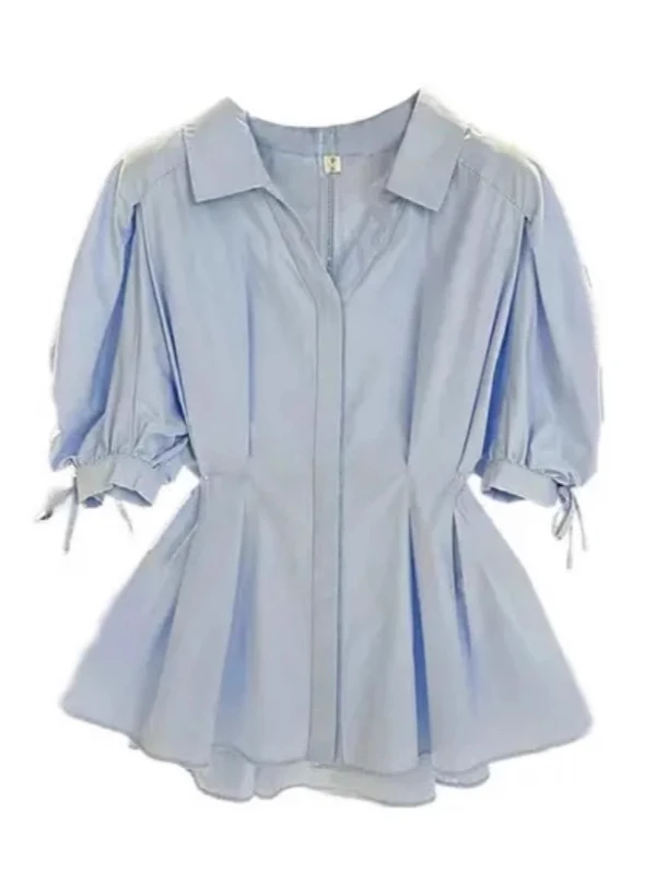 

plus Size Blue V-Ne ort Sve irt Women's Summer Slimming Top Waist-Cinching Belly- Concealing Korean Sle Commute